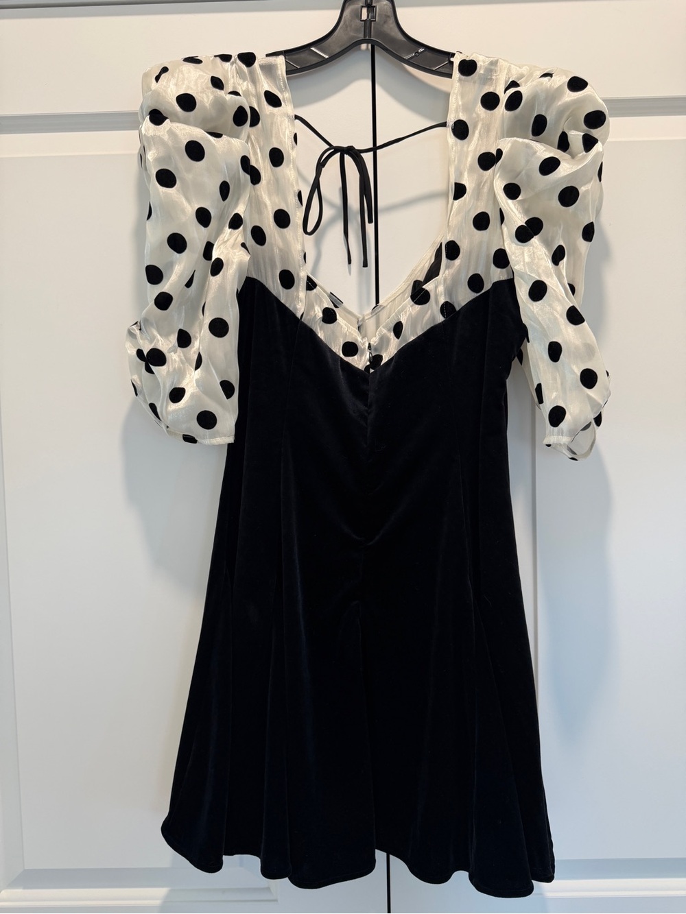BRAND NEW - For Love & Lemons Black Mini Dress with White Polka Dot Puff Sleeves - Picture 5 of 11